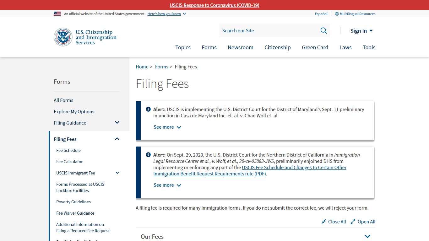 Filing Fees | USCIS