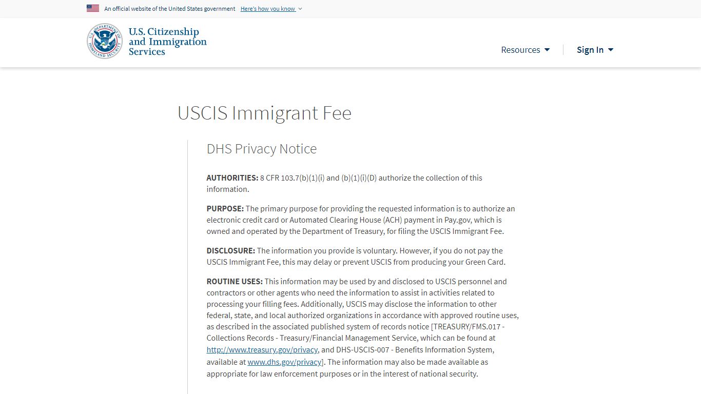 USCIS - Immigrant Fee - Start Payment