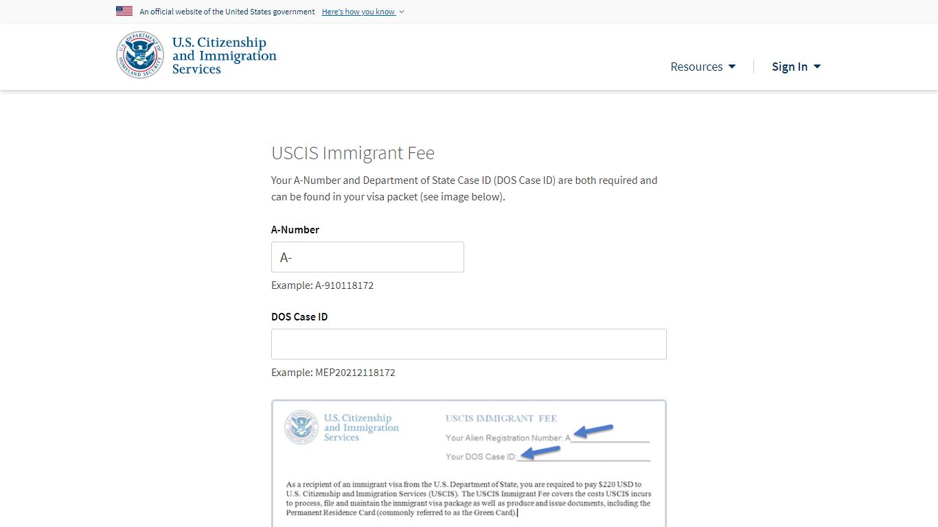 USCIS - Immigrant Fee - Enter Data